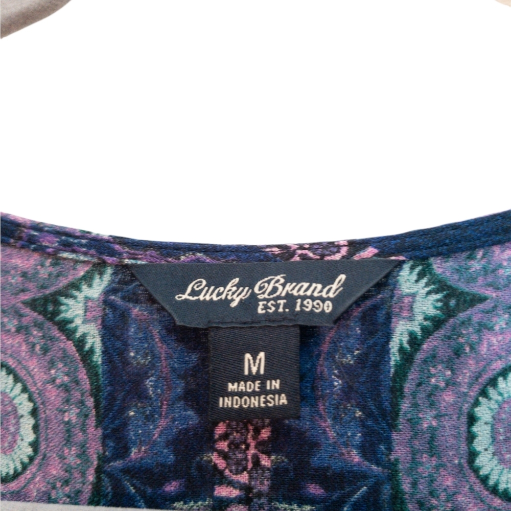 Lucky brand.  Blue and purple patterned long sleeved blouse with tie sleeves - Picture 3 of 4